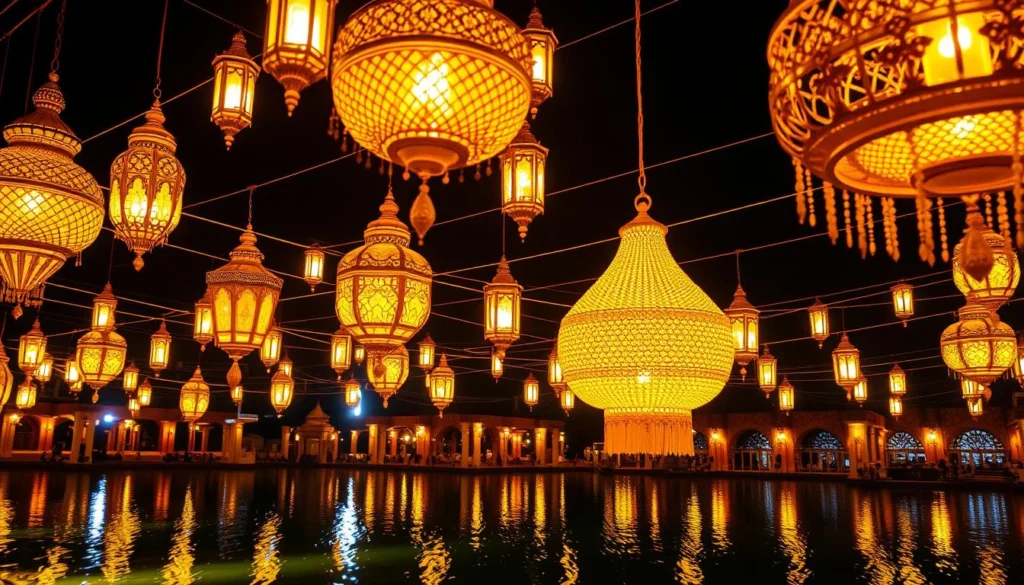 أضواء زخرفية معلقة تُنير برقة ليل حائل الهادئ، المملكة العربية السعودية. عرضٌ أنيقٌ من الفوانيس والثريات المتوهجة المعلقة فوق مسطح مائي هادئ، تتلألأ انعكاساتها على السطح. إضاءة دافئة وجذابة تُضفي أجواءً آسرة، تُبرز الجمال المعماري للمحيط. مزيجٌ من عناصر التصميم التقليدية والحديثة، يُبرز التراث الثقافي الغني للمنطقة. تُبرز الظلال والإضاءة الناعمة التفاصيل الدقيقة للتركيبات المضيئة، فتدعو المُشاهد إلى تقدير براعة الصنع. مشهدٌ مُثيرٌ للعواطف يُثير شعورًا بالدهشة والسحر.