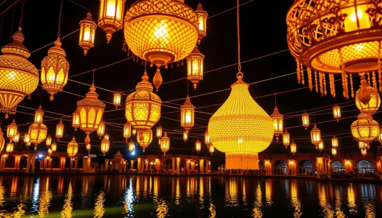 أضواء زخرفية معلقة تُنير برقة ليل حائل الهادئ، المملكة العربية السعودية. عرضٌ أنيقٌ من الفوانيس والثريات المتوهجة المعلقة فوق مسطح مائي هادئ، تتلألأ انعكاساتها على السطح. إضاءة دافئة وجذابة تُضفي أجواءً آسرة، تُبرز الجمال المعماري للمحيط. مزيجٌ من عناصر التصميم التقليدية والحديثة، يُبرز التراث الثقافي الغني للمنطقة. تُبرز الظلال والإضاءة الناعمة التفاصيل الدقيقة للتركيبات المضيئة، فتدعو المُشاهد إلى تقدير براعة الصنع. مشهدٌ مُثيرٌ للعواطف يُثير شعورًا بالدهشة والسحر.