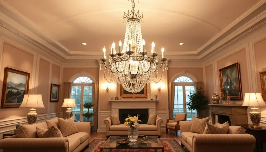 غرفة معيشة أنيقة الإضاءة ومفروشة بأناقة، تتدلى من سقفها ثريا كريستالية خلابة تضفي إشراقة دافئة على المكان. تُعدّ الثريا نقطة محورية، بتصميمها المعدني المتقن ومواشيرها الزجاجية الدقيقة التي تعكس الضوء بشكل رائع. زُيّنت الغرفة بأسلوب كلاسيكي خالد، مع أثاث فخم ومنسوجات فاخرة وأعمال فنية راقية تُزيّن الجدران. الإضاءة مُختارة بعناية، مما يخلق جوًا هادئًا وجذابًا، مثاليًا لإبراز تصميم الثريا الأنيق وحرفيتها. يُضفي المشهد العام لمسة من الرقي والاهتمام بالتفاصيل، مما يعكس أهمية اختيار الثريا المناسبة التي تُكمل ديكور المنزل.
