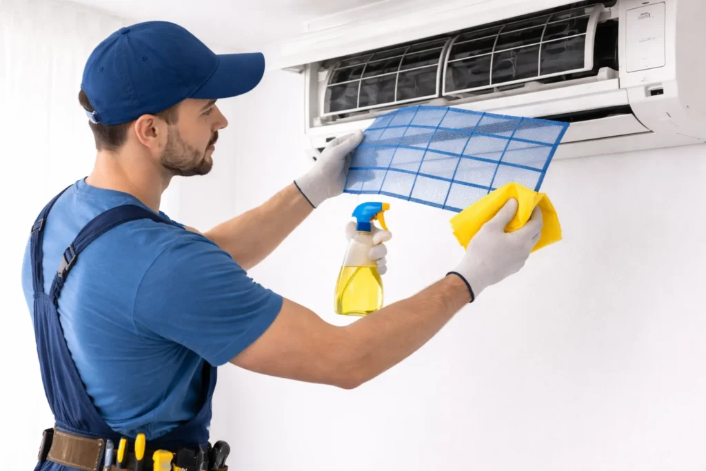 فني تكييف يقوم بتنظيف فلتر مكيف سبليت باستخدام أدوات تنظيف احترافية مع التركيز على النظافة والدقة