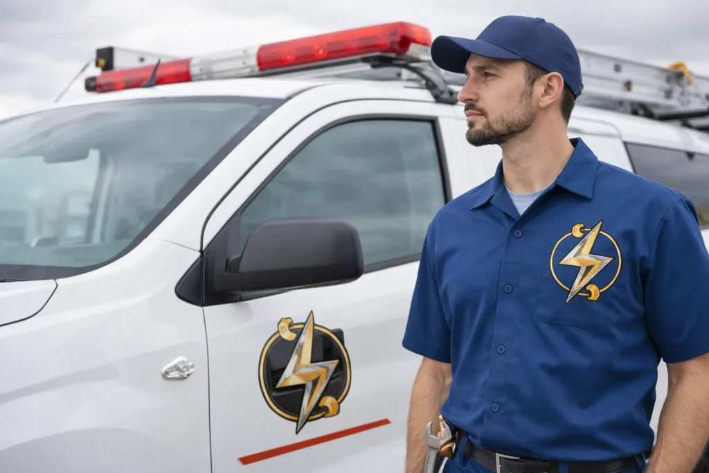 فني تكييف طوارئ يقف بجانب سيارة صيانة مكيفات تحمل شعار الشركة مع معدات احترافية جاهزة لخدمة الأعطال السريعة